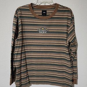 Vans Brown and Green Striped Loose Fit Long Sleeve Shirt With Daisys Size Small